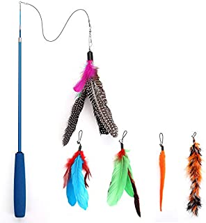 Becory Feather Teaser Cat Toy, Retractable Cat Feather Toy Wand with 5 Assorted Teaser with Bell Refills, Interactive Catcher Teaser for Kitten Or Cat Having Fun Exerciser Playing