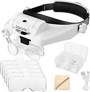 1X to 14X Headband Magnifier with LED Light, Handsfree Head Mount Magnifying Glass Visor Headset Loupe Tools for Professional Jewelry Close Work Sewing Crafts Reading Repair