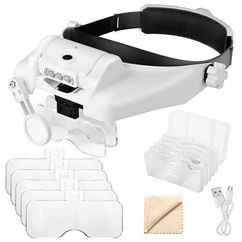 1X to 14X Headband Magnifier with LED Light, Handsfree Head Mount Magnifying Glass Visor Headset Loupe Tools for Professional Jewelry Close Work Sewing Crafts Reading Repair