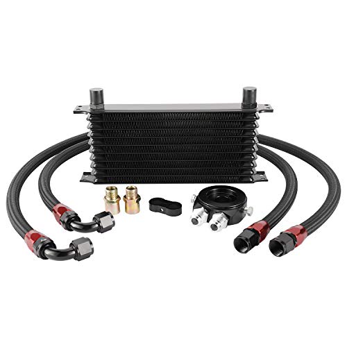 NovelBee 10 Row AN10 Universal Aluminium Alloy Engine Transmission Oil Cooler Kit with Filter Adapter Hose Kit