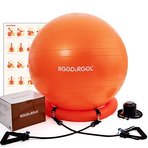 Yoga Ball Chair, RGGD&RGGL Exercise Ball with Leak-Proof Design, Stability Ring&2 Adjustable Resistance Bands for Any Fitness Level, 1.5 Times Thicker Swiss Ball for Home&Gym&Office&Pregnancy (65 cm)