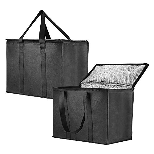 Insulated Reusable Grocery Bag for Shopping in Extra Large Size with Sturdy Zipper and Reinforced Handle, Stands Upright, Collapsible, Heavy Duty Thermal Totes - 2 Pack