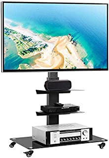 Rfiver Rolling Floor TV Stand with Swivel Mount for 32-65 Inch Flat Screen/Curved TVs, 3-Shelf Heavy Duty Portable Mobile TV Cart with Wheels, Black Universal Tall TV Mount Trolley for Home and Office