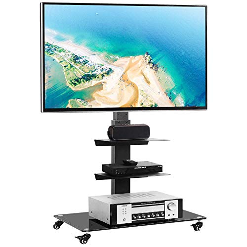 Rfiver Rolling Floor TV Stand with Swivel Mount for 32-65 Inch Flat Screen/Curved TVs, 3-Shelf Heavy Duty Portable Mobile TV Cart with Wheels, Black Universal Tall TV Mount Trolley for Home and Office