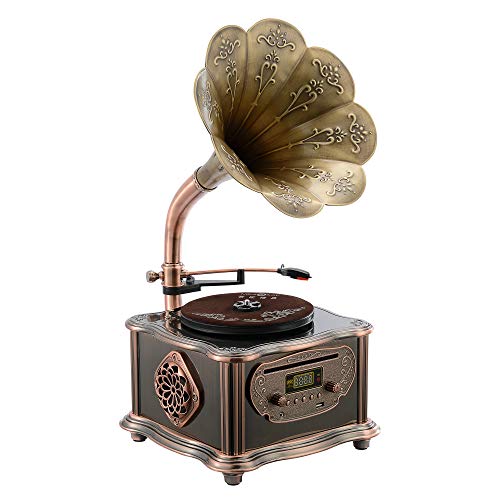 Bronze Vintage Classic Retro Antique Phonograph Gramophone Turntable Vinyl Record Player Stereo Speakers Home Decoration System Control 33/45 RPM FM AUX USB CD Ouput Bluetooth 4.2