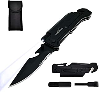 ALBATROSS Best 6-in-1 Survival Tactical Military Folding Pocket Knives with LED Light,Seatbelt Cutter,Glass Breaker,Magnesium Fire Starter,Bottle Opener;Multi-Function Emergency Tool(Black)