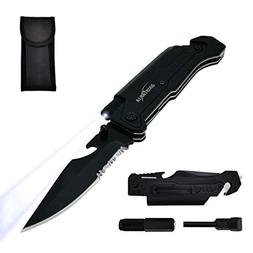 ALBATROSS Best 6-in-1 Survival Tactical Military Folding Pocket Knives with LED Light,Seatbelt Cutter,Glass Breaker,Magnesium Fire Starter,Bottle Opener;Multi-Function Emergency Tool(Black)