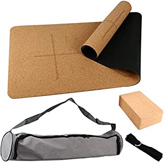 Cork Yoga Mat Set Natural Eco Rubber Cork Yoga Mat with 3inch Cork Block & Yoga Strap & Yoga Bag for Hot Yoga Gymnastics Aerobicsw, 72X24inch 4mm