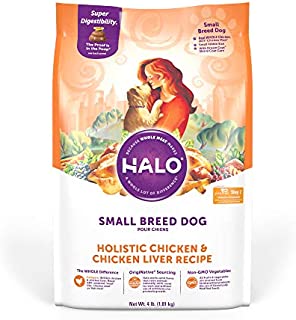 Halo Natural Dry Dog Food - Small Breed Recipe - Premium and Holistic Real Whole Meat - Chicken & Chicken Liver - 4 Pound Bag - Sustainably Sourced Adult Dry Dog Food - Non-GMO and Highly Digestible