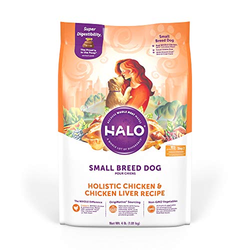 Halo Natural Dry Dog Food - Small Breed Recipe - Premium and Holistic Real Whole Meat - Chicken & Chicken Liver - 4 Pound Bag - Sustainably Sourced Adult Dry Dog Food - Non-GMO and Highly Digestible