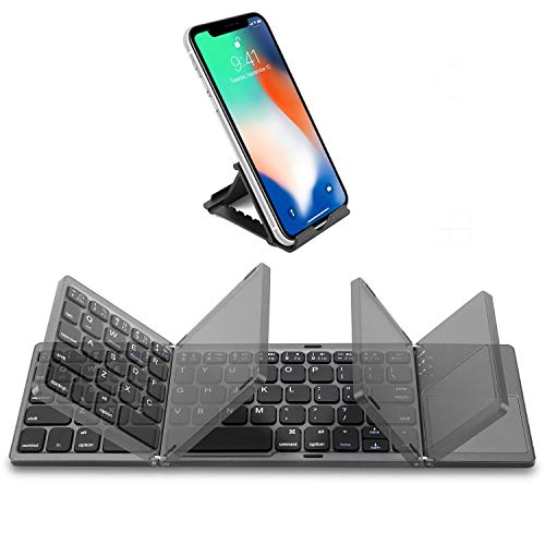 Foldable Bluetooth Keyboard with Touchpad - Samsers Portable Wireless Keyboard with Stand Holder, Rechargeable Full Size Ultra Slim Pocket Folding Keyboard for Android Windows IOS Tablet & Laptop-Gray