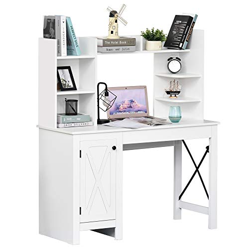 HOMCOM Home Office Desk Computer Desk,Computer Desk with Hutch and Storage Cabinet, Study Writing Table Workstation, White