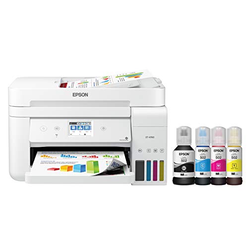 Epson EcoTank ET-4760 Wireless Color All-in-One Cartridge-Free Supertank Printer with Scanner, Copier, Fax, ADF and Ethernet - White