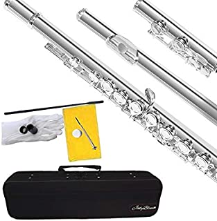 Closed Hole C Flute Nickel Silver Plated Student Beginners Flute with Case, Tuning Rod and Screwdriver Cleaning Cloth,Joint Grease and Gloves