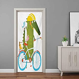 Funny Door Wallpaper Sticker Green Crocodile in Helmet Going for a Bike Ride with Friends Cartoon Kids Nursery - Welcome Door Vinyl Decal for Bedroom House Door Living Office - 35.4