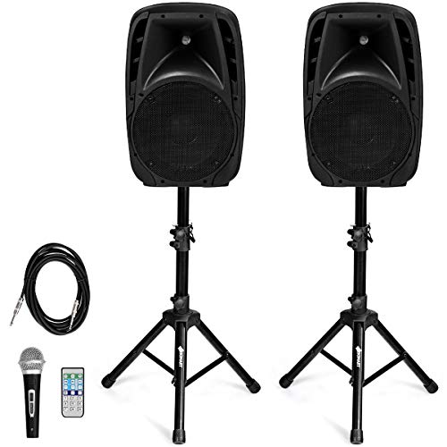 Costzon Portable 1800W 2-Way Powered PA Speaker System, Professional DJ Speakers with Active + Passive Loud Set, 2 Speaker Stands, Microphone, Bluetooth, USB/SD Card Input, FM Radio,Remote (2-Way)