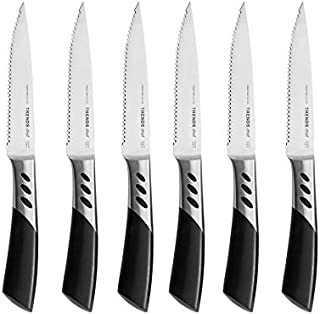 TRENDS Premium Steak Knives Set of 6. Double Forged from High Carbon German Stainless Steel. This serrated steak knife set is ultra-sharp and never require sharpening. Your ultimate steak knives.