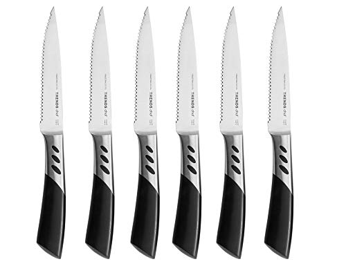 TRENDS Premium Steak Knives Set of 6. Double Forged from High Carbon German Stainless Steel. This serrated steak knife set is ultra-sharp and never require sharpening. Your ultimate steak knives.