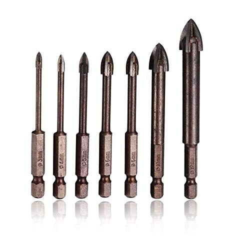 7 PCS Tungsten Carbide Tile Glass Drill Bits Set, 4 Cutting Edges Cross Spear Head Masonry Drill Bit Set for Ceramic Tile Cutter, Marble Drilling Bits, Glass Drill Bits, 3mm, 4mm 5mm 6mm 8mm 10mm 12mm