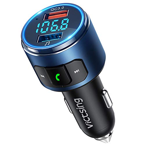 VicTsing (Upgraded Version) V5.0 Bluetooth FM Transmitter for Car, QC3.0 & LED Backlit Wireless Bluetooth FM Radio Adapter Music Player /Car Kit with Hands-Free Calls, Siri Google Assistant-Blue