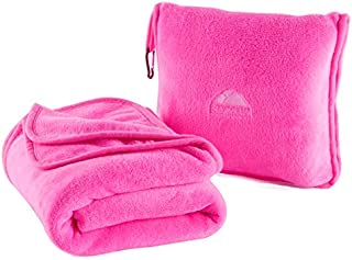 BlueHills Premium Soft Travel Blanket Pillow Airplane Blanket Packed in Soft Bag Pillowcase with Hand Luggage Belt and Backpack Clip, Compact Pack Large Blanket for Any Travel (Pink T004)