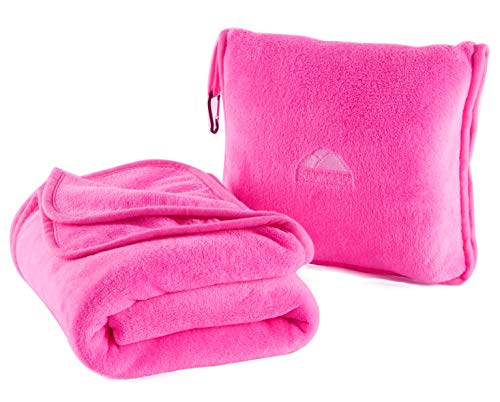 BlueHills Premium Soft Travel Blanket Pillow Airplane Blanket Packed in Soft Bag Pillowcase with Hand Luggage Belt and Backpack Clip, Compact Pack Large Blanket for Any Travel (Pink T004)