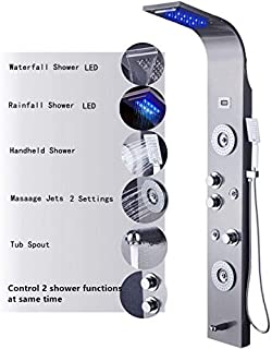ELLO&ALLO Stainless Steel Shower Panel Tower System,LED Rainfall Waterfall Shower Head 6-Function Faucet Rain Massage System with Body Jets, Brushed Nickel