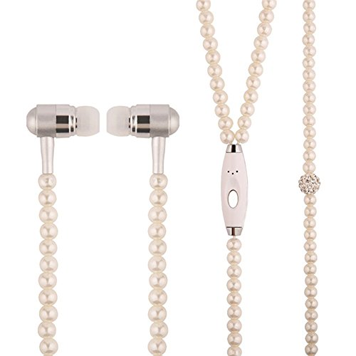 New Fashion Women Girl Rhinestone Jewelry Design Pearl Necklace Earphones,Super Bass HIFI Wired Earbuds Headphones with Mic Stereo Sound Music Earpiece for IOS and Android Smartphone (pink)