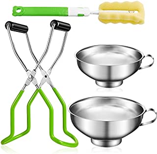 4 Pieces Stainless Steel Canning Funnel Canning Jar Lifter with Grip Handle and Sponge Cleaning Brush for Wide and Regular Jars (Green Canning Jar Lifter and Brush)