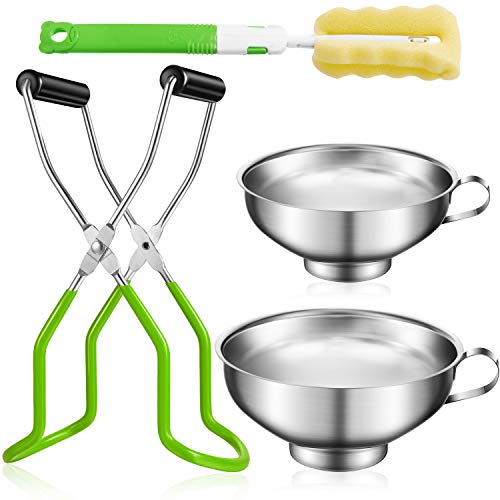 4 Pieces Stainless Steel Canning Funnel Canning Jar Lifter with Grip Handle and Sponge Cleaning Brush for Wide and Regular Jars (Green Canning Jar Lifter and Brush)