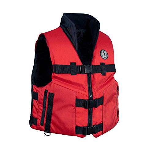 MUSTANG SURVIVAL - Accel 100 Fishing Vest for Adults (Red & Black - 2XL) Three Buckle System, Fleece Lined Collar and Pockets for Warmth