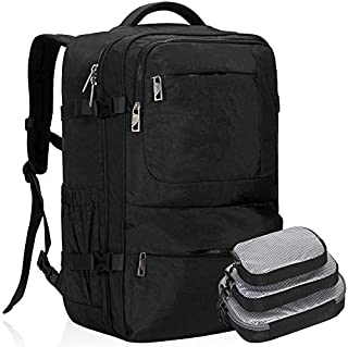 Hynes Eagle 44L Carry on Backpack Flight Approved Compression Travel Pack Cabin Bag Black with Black 3PCS Packing Cubes 2019