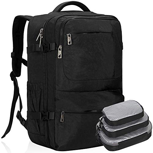 Hynes Eagle 44L Carry on Backpack Flight Approved Compression Travel Pack Cabin Bag Black with Black 3PCS Packing Cubes 2019