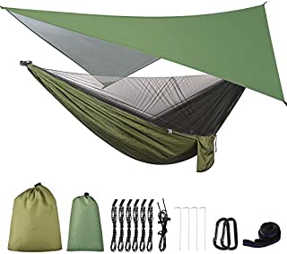 FIRINER Camping Hammock with Rain Fly Tarp and Mosquito Net Tent Tree Straps, Portable Single Double Nylon Parachute Hammock Rainfly Set for Backpacking Hiking Travel Yard Outdoor Activities