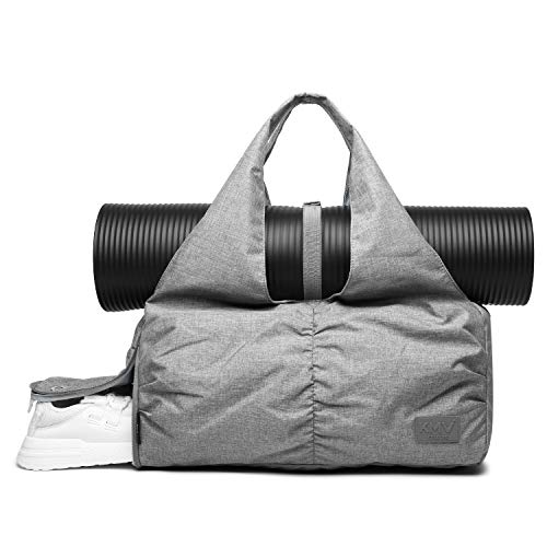 Travel Yoga Gym Bag for Women, Carrying Workout Gear, Makeup, and Accessories, Shoe Compartment and Wet Dry Storage Pockets, Fun MediumGrey