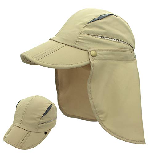 LLmoway Men Outdoor UPF50+ Mesh Sun Cap UV Protection Fishing Hat Safari Cap with Neck Flap Khaki