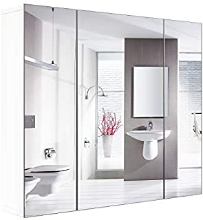 HOMFA Bathroom Wall Mirror Cabinet, 27.6 X 23.6 Inch Multipurpose Storage Organizer Medicine Cabinet Space Saver with 3 Doors Adjustable Shelf Kitchen Cupboard, White