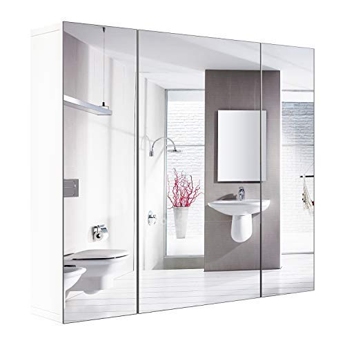 HOMFA Bathroom Wall Mirror Cabinet, 27.6 X 23.6 Inch Multipurpose Storage Organizer Medicine Cabinet Space Saver with 3 Doors Adjustable Shelf Kitchen Cupboard, White