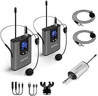 Hotec Wireless System with Dual Headset Microphones/Lavalier Lapel Mics and Bodypack Transmitters and One Mini Rechargeable Receiver 1/4