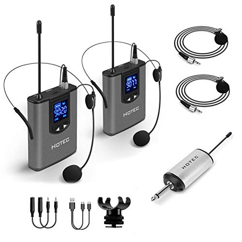 Hotec Wireless System with Dual Headset Microphones/Lavalier Lapel Mics and Bodypack Transmitters and One Mini Rechargeable Receiver 1/4