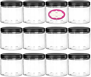 DilaBee 12-Pack 8 Ounce Empty Large Elegant Refillable Clear Plastic Jars with Screw On Lids and labels, Round BPA Free Containers For Kitchen Use, Slime, Beauty Products, Cosmetic, Lotion and more