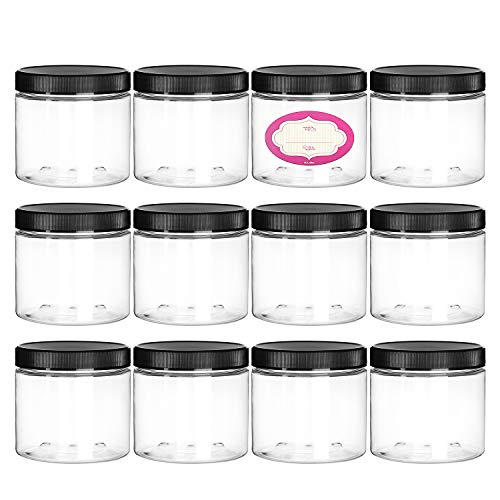 DilaBee 12-Pack 8 Ounce Empty Large Elegant Refillable Clear Plastic Jars with Screw On Lids and labels, Round BPA Free Containers For Kitchen Use, Slime, Beauty Products, Cosmetic, Lotion and more