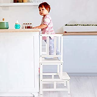 Kids Kitchen Step Stool with Safety Rail Solid Bamboo Construction. (White)