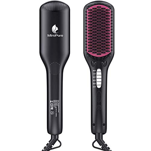 Hair Straightener Brush, MiroPure Ionic Anti-Scald Straightening Brush with Fast MCH Ceramic Heating, Adjustable Temperatures, Auto-Off & Dual Voltage, Portable Straightening Comb