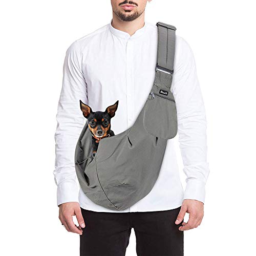 SlowTon Pet Carrier, Hand Free Sling Adjustable Padded Strap Tote Bag Breathable Cotton Shoulder Bag Front Pocket Safety Belt Carrying Small Dog Cat Puppy Up to 13 lbs Machine Washable (Grey)