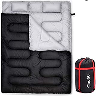 Ohuhu Double Thickened Sleeping Bag with 2 Pillows, Cold Weather Waterproof Lightweight 2 Person Sleeping Bag for Adults, Teens, Truck, Tent, Sleeping Pad, Camping, Backpacking, Hiking (Black)