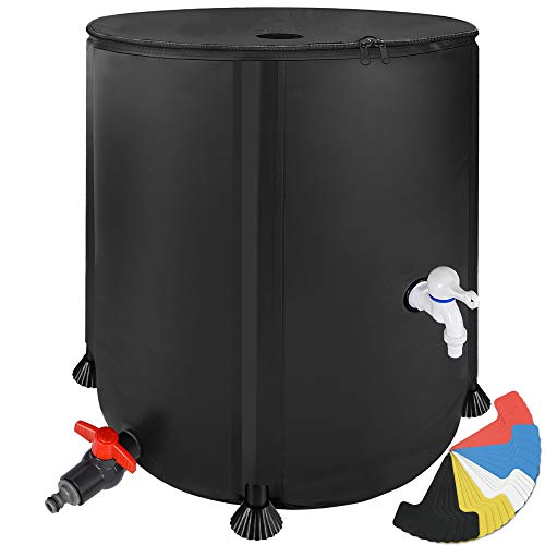 53 Gallon Portable Rain Barrel Water Tank - Collapsable Rainwater Collection System Storage Container - Water Collector Barrels Include Two Spigots and Overflow Kit - Comes with 25 Garden Labels