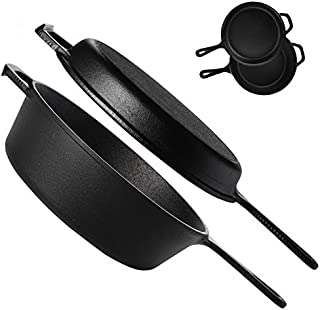 Yarlung 2 Pack 10 Inch 2-In-1 Cast Iron Dutch Oven Skillet Set, Pre-Seasoned Frying Pan Pot with Lid for Grill, Stovetop, Gas, Induction, Indoor & Outdoor Use