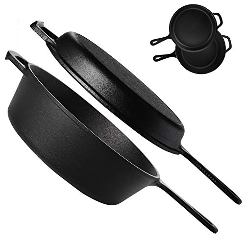 Yarlung 2 Pack 10 Inch 2-In-1 Cast Iron Dutch Oven Skillet Set, Pre-Seasoned Frying Pan Pot with Lid for Grill, Stovetop, Gas, Induction, Indoor & Outdoor Use