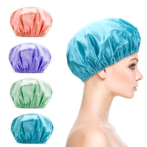 Titanker Shower Cap, 4-Pack EVA Shower Caps, Double Layer Waterproof Shower Cap for Women, Reusable Bathing Hair Caps for Adult (Green, Purple, Pinkish Orange, Blue)